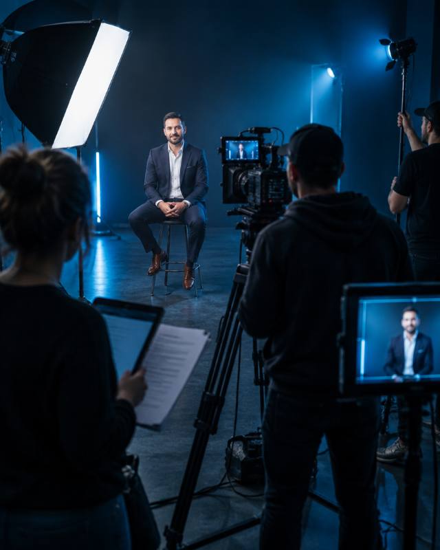 Equipo de APEX grabando a un cliente en un estudio con cámara, luces y guion