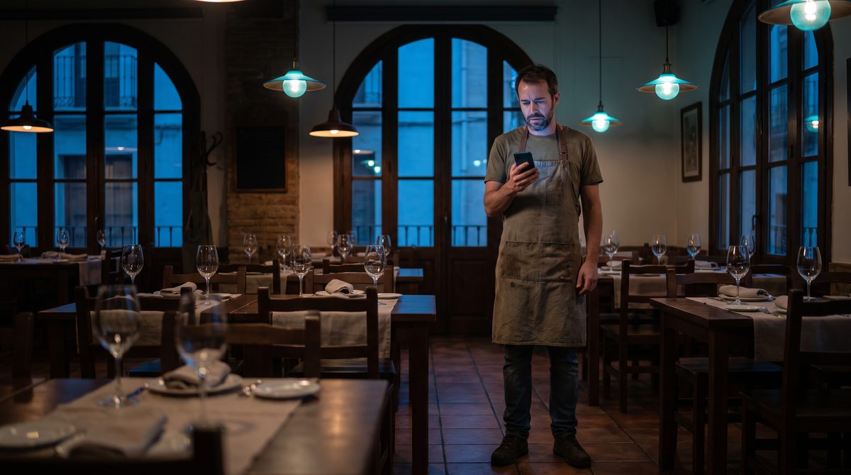Dueño de un restaurante vacío mirando el móvil a la hora de cenar